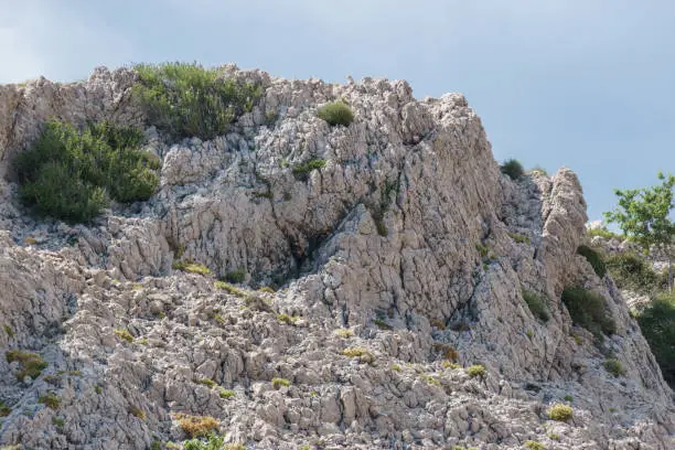 Detail of karst landscape of island of Krk on a sunny day, Croatia