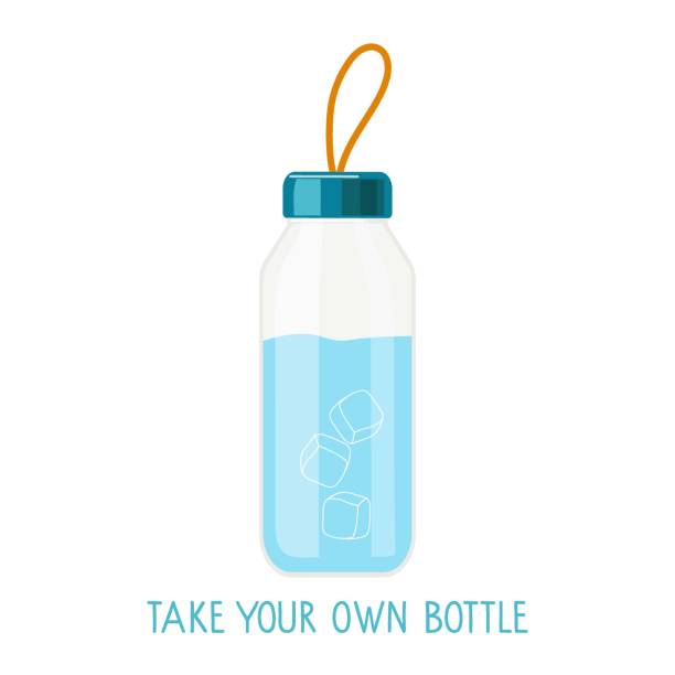 Take your own bottle. Glass water bottle. Eco friendly drink containers. Alternative to plastic. Caring for the environment. Drink more water. Colored flat cartoon vector illustration isolated Take your own bottle. Glass water bottle. Eco friendly drink containers. Alternative to plastic. Caring for the environment. Drink more water. Colored flat cartoon vector illustration isolated. blue reusable water bottle stock illustrations