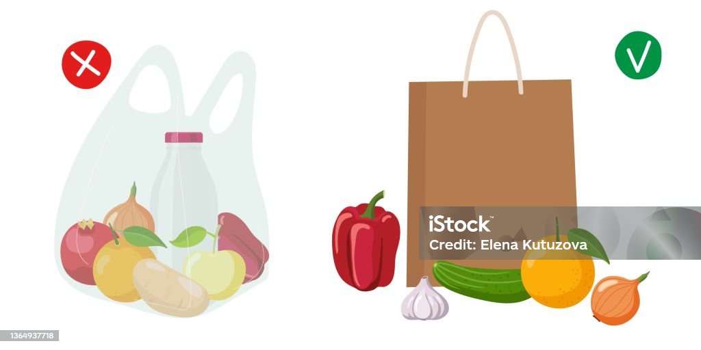 Aanmoediging martelen Profetie Plastic Bags Waiver Choose An Ecofriendly Bag Two Shopping Bags With Food  Choosing Between Environmental And Harmful Bags Environmentally  Biodegradable Paper Bag Against Not Degradable Plastic Stock Illustration -  Download Image Now -