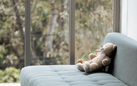 Teddy bear on the sofa in the lonely house.