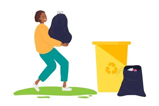 Vector illustration of Young African American woman carrying heavy black trash bag to garbage tank. Nearby bags full of waste. Black trash bag, yellow trash container. Waste management. Colored cartoon vector illustration.