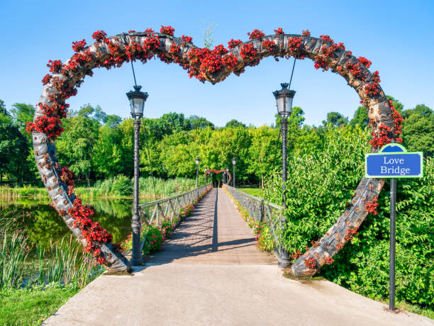 most w kształcie serca z czerwonymi kwiatami. most miłości w parku przyrody comana, rumunia. - 2861 zdjęcia i obrazy z banku zdjęć