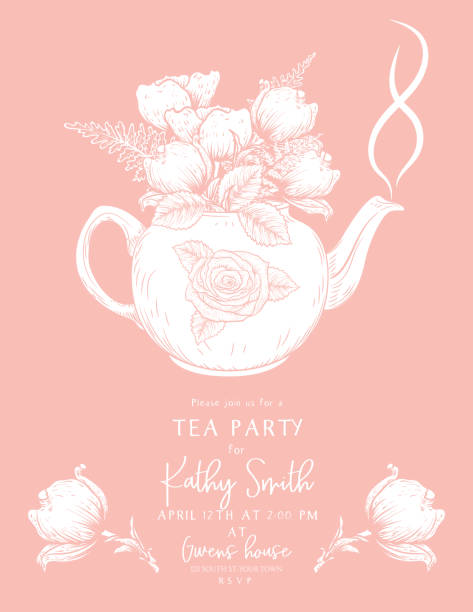 illustrazioni stock, clip art, cartoni animati e icone di tendenza di modello di invito per tea party con teiera e fiori in stile botanico - tea party illustrations