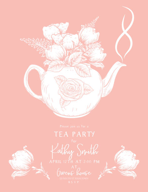 ilustrações, clipart, desenhos animados e ícones de modelo de convite para festa do chá com um bule e flores de estilo botânico - tea party illustrations
