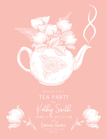 Tea Party Invitation Template With A Teapot And Botanical Style Flowers