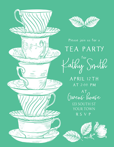 Tea invitation template or card. Flat colors. The background is on a separate layer for easy removal or editing. the elements can be released from their clipping mask.