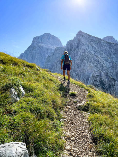 Mountaineer hiking on summer early morning Mountaineer hiking on summer early morning towards Bovski Gamsovec mountain peak in Julian Alps, Slovenia. Triglav, Slovenian highest peak in background. julian alps stock pictures, royalty-free photos & images