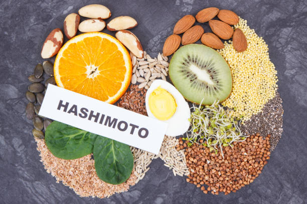 Inscription hashimoto with nutritious ingredients, fruits and vegetables in shape of thyroid. Healthy food containing vitamins stock photo