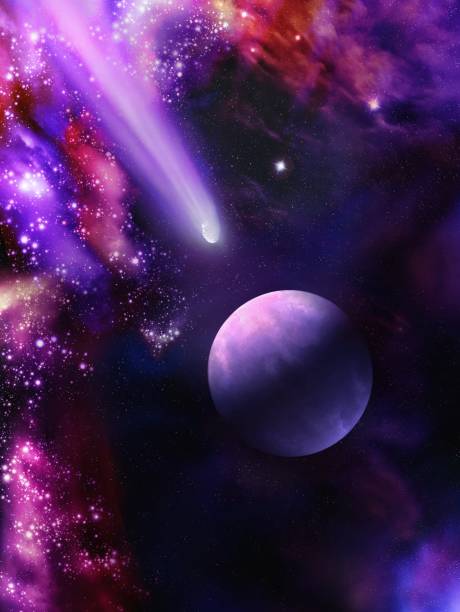 Comet is approaching the planet. Earth-like exoplanet in deep space with interstellar nebula. A beautiful space landscape with an alien planet.
