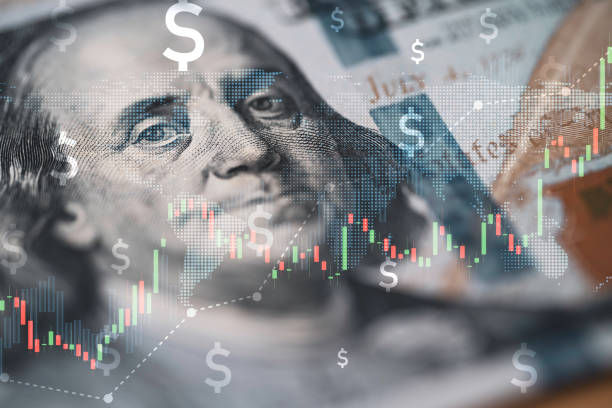 closeup benjamin franklin face on usd banknote with stock market chart graph for currency exchange and global trade forex concept. - taxa de câmbio imagens e fotografias de stock