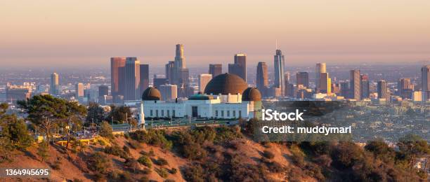 Los Angeles City Skyline And Griffith Observatory At Sunset Stock Photo - Download Image Now
