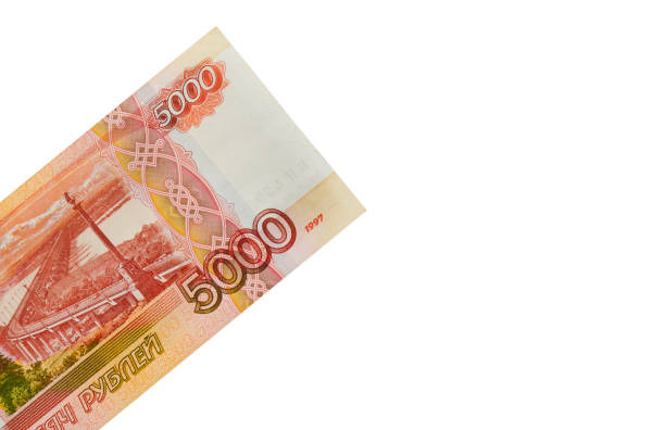 5000 russian rubles, money background top view, banknotes isolated on white background, clipping path for cut out.