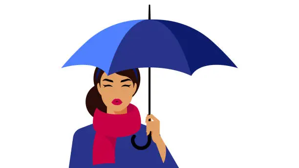 Vector illustration of Pretty woman hiding under umbrella. Beauty in the rain. Red umbrella. Raindrops on a dark background. Vector illustration for a poster, banner, cover.