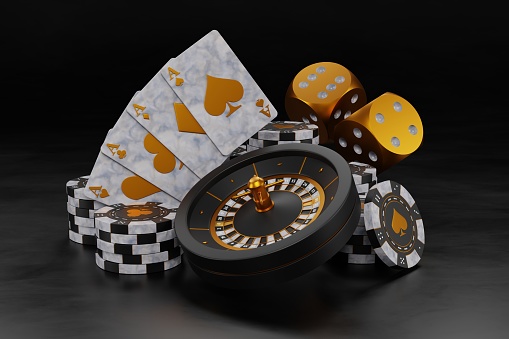 Playing cards - aces of the four suits roulette wheel dice and poker chips on a black background 3D render