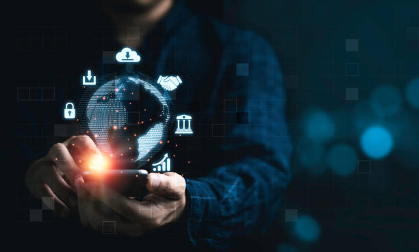 istock Business man using mobile phone for communication working and transaction ,Global  business by internet connection technology for financial banking , big data and digital linkage concept. 1364947440