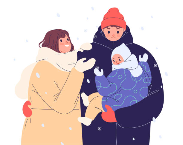 ilustrações, clipart, desenhos animados e ícones de jovem família ao ar livre no inverno, homem segurando bebê e abraçando sua esposa - winter child coat baby girls