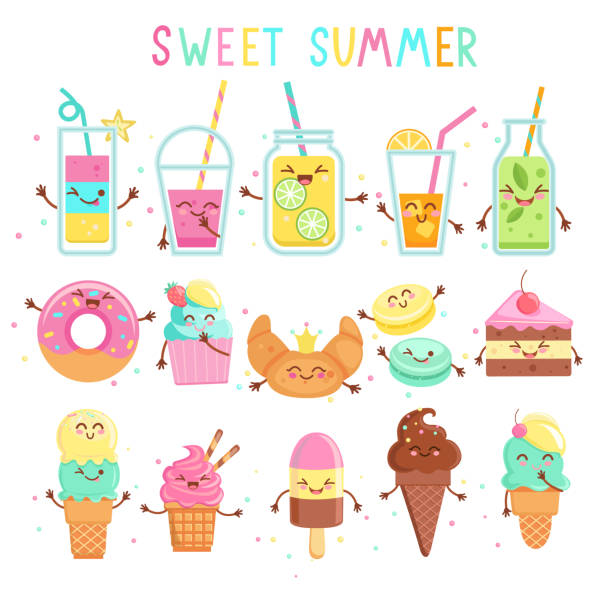 ilustraciones, imágenes clip art, dibujos animados e iconos de stock de gran conjunto divertido de personajes de comida dulce. - kawaii