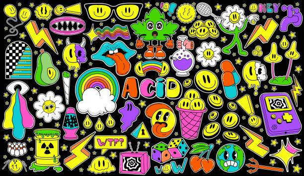 ilustrações de stock, clip art, desenhos animados e ícones de psychedelic trippy large pack, acid abstract characters and objects. in a cartoon style, a set of bright psychedelics, all elements are isolated - narcotic medicine symbol marijuana