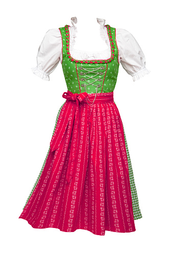 Bavarian Drindl in the colors red and green exposed on white background