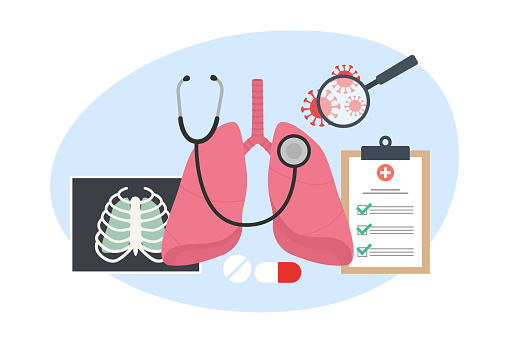 Respiratory system examination and treatment. Pulmonology. Lungs healthcare. Flat vector illustration.