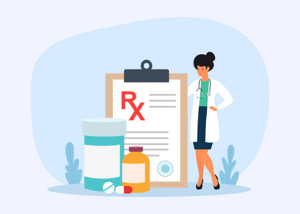 illustrazioni stock, clip art, cartoni animati e icone di tendenza di prescrizione medica rx. pillole per la terapia della malattia. concetto di sanità e farmacia. illustrazioni vettoriali. - prescrizione medica