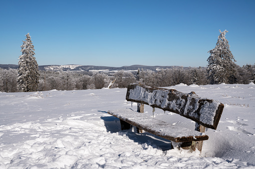 Front view of a colorful bench in winter.