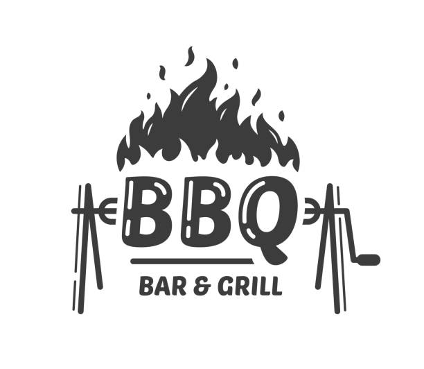 illustrazioni stock, clip art, cartoni animati e icone di tendenza di logo griglia barbecue con fuoco isolato su sfondo bianco - spit roasted barbecue grill barbecue pork