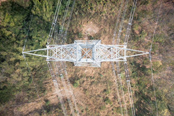 istock Transmission tower in top view to carry high-voltage transmission lines. 1364964471
