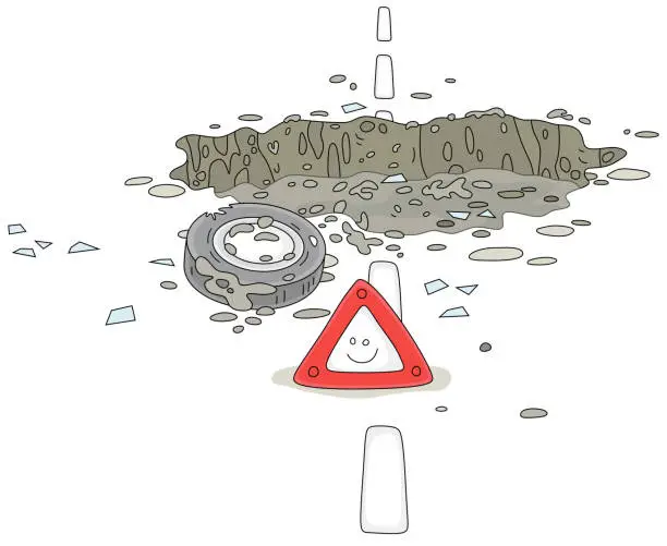 Vector illustration of Pothole and a warning triangle on a road