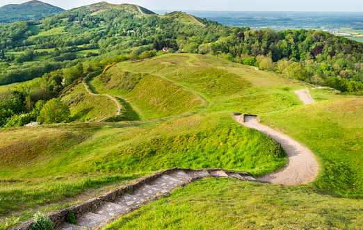 Malvern ,Worcestershire,England,United Kingdom-June 02 2021: On a summer's morning,hill walkers enjoy the beautiful weather as the walk the path running over the peaks of the 13 km long,narrow range.
