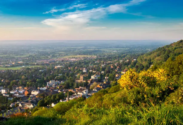 Photo of Great Malvern and wild flowers from the Hills,Worcestershire,England,UK.church,priory,