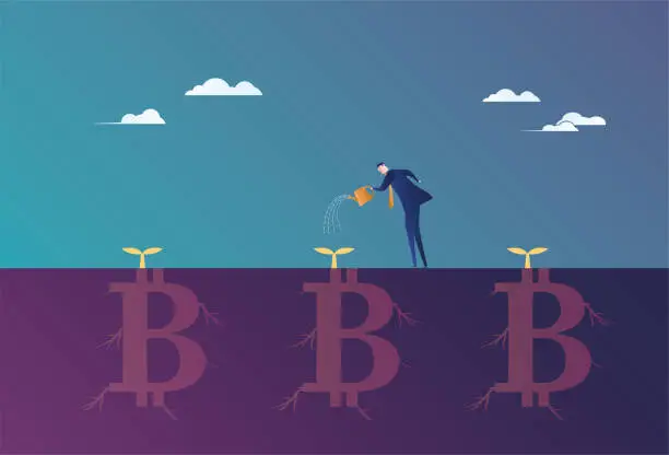 Vector illustration of Business man waters growing bitcoin