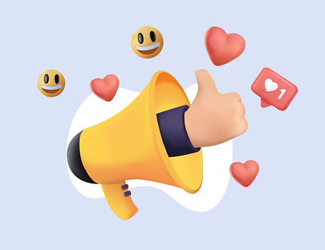 Social media. Hand Symbol like and red heart love. Marketing time concept, realistic 3d blue megaphone, loudspeaker by hand. Isolated on pink background. Vector illustration. 3D free to edit. Like