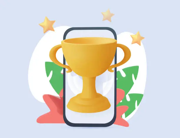 Vector illustration of Winner cup on smartphone screen. Promotion discount present point, customer promo surprise. 3D Web Vector Illustrations.