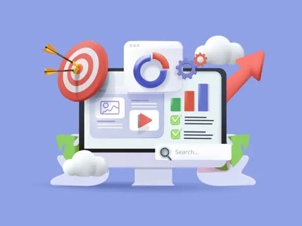 Ottimizzazione SEO, web analytics e concetto di social media di marketing seo. Illustrazione vettoriale 3d. Progettazione di analisi web. Ottimizzazione SEO, web analytics e concetto di social media di marketing seo. Illustrazione vettoriale 3d. Progettazione di analisi web.