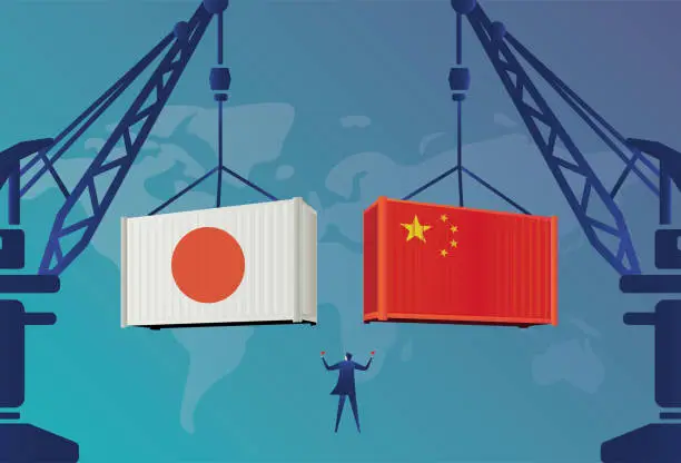 Vector illustration of Business men command the tower crane to lift Chinese containers and Japanese containers