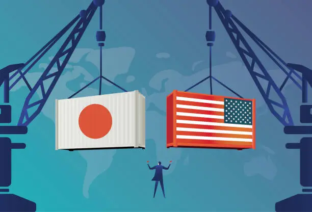Vector illustration of Business men command the tower crane to lift American containers and Japanese containers