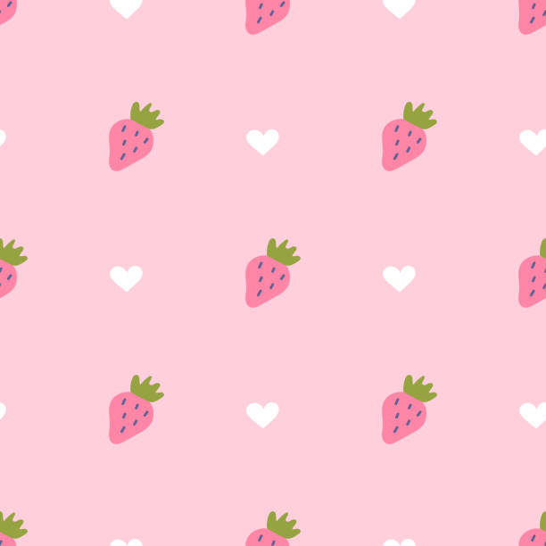 truskawka i serca na różowym tle, wektorowy bezszwowy wzór w płaskim stylu - heart shape pink background cartoon vector stock illustrations