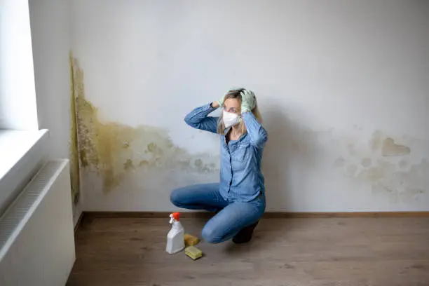 Photo of blonde young woman is sitting in front of white apartment wall with mold on it and is frustrated