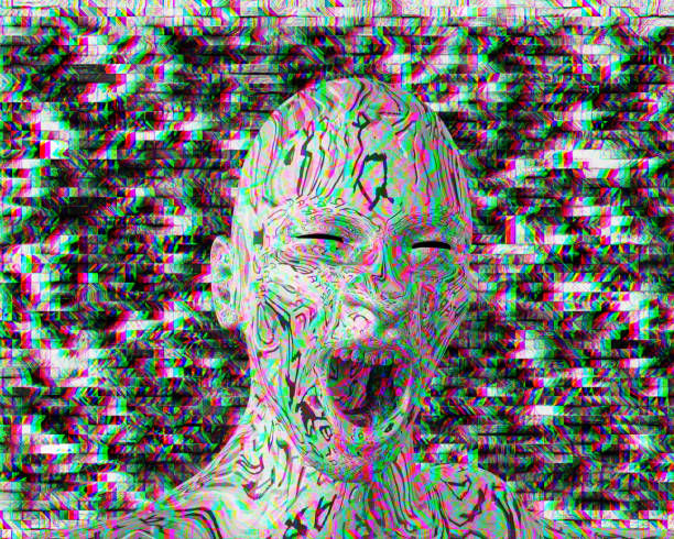 istock Angry man screaming, glitch style effect bacground, 3d rendered 1364971198