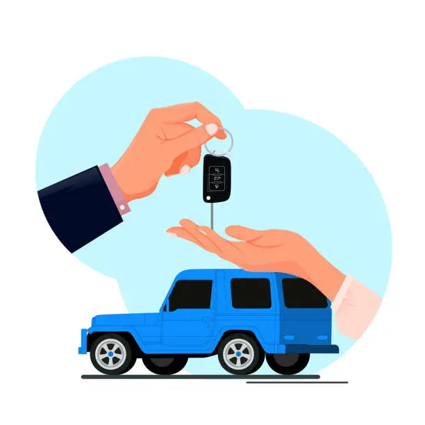 Vector illustration of Buying, renting a new or used  car.   Putting car key to  your hand.