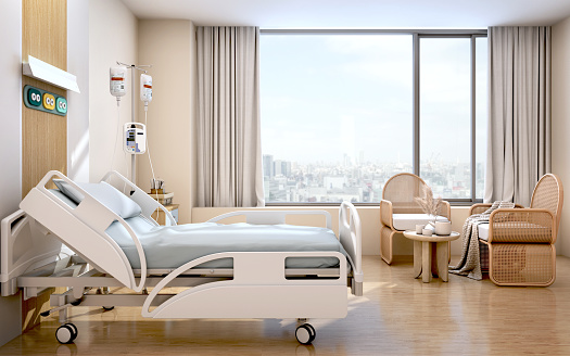 Sala de recuperación del hospital con camas y sillas.3d renderizado photo