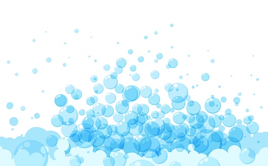 Soap bubbles in cartoon style. A foam sample with blue round shapes. Vector illustration of a card with shampoo or drinking foam. Simple soap background. Oxygen circles fly up.