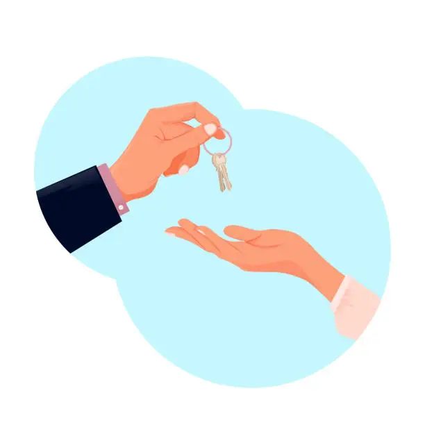 Vector illustration of Buying, renting a new or used  house.  Putting house keys to  your hand. Houses for sale