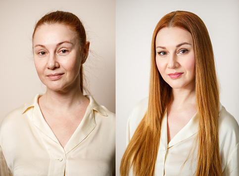 Woman before and after makeup. . The concept of transformation, beauty after applying makeup with a makeup artist. Result without retouching.