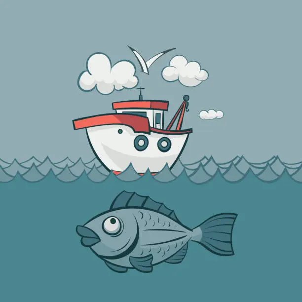 Vector illustration of Fishing boat and fish in the sea.