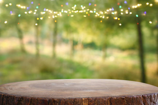 istock Empty rustic table in front of countryside background. product display and picnic concept 1364976865
