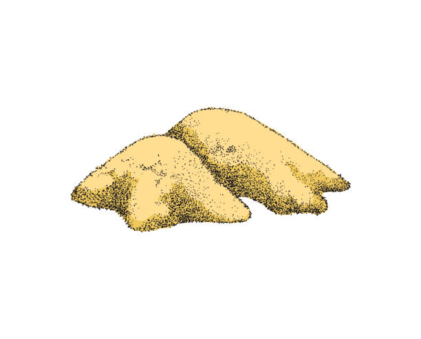 ilustraciones, imágenes clip art, dibujos animados e iconos de stock de polvo de especias amarillas en una pila, boceto texturizado de grano vectorial. condimento de curry indio o raíz de jengibre, ilustración vintage - mustard ground yellow spice