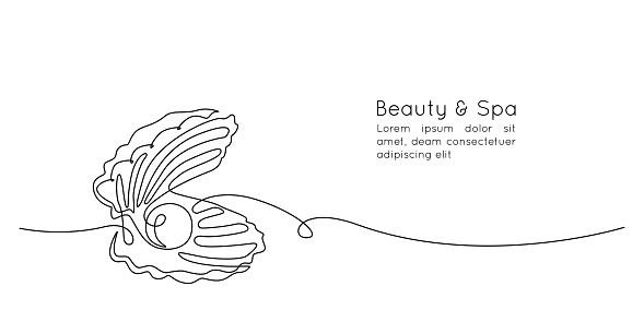 Continuous one line drawing natural open pearl shell and scallop. Modern minimalist icon or logo in simple linear style. Doodle Vector illustration.