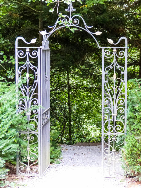 istock white metal garden door with pathway and trees 1364982541